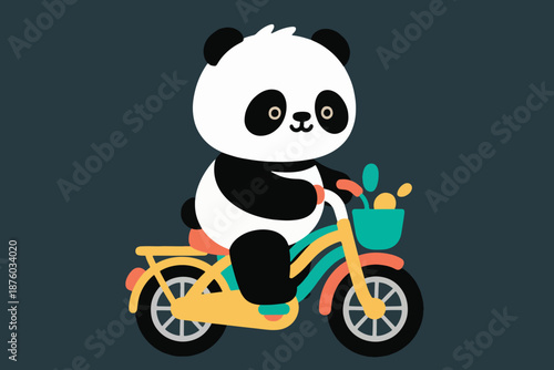 Cartoon panda riding colorful bicycle with basket of abstract leaves on dark blue background.