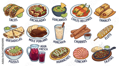 Assorted Mexican dishes and drinks neatly arranged on a clean white background for culinary inspiration