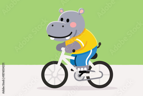 Cartoon hippopotamus riding white bicycle in yellow shirt and blue pants on green background.