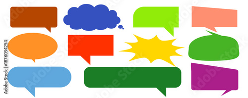 A simple design set of colorful message comment chat boxes. A collection of comic and social media speech bubbles, text boxes, and chat boxes. A vector set of comic and social media speech bubbles.