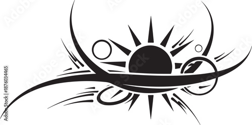 Stylized black sun and abstract design on white background