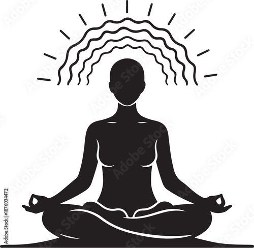 Meditating woman in lotus position with sun above head