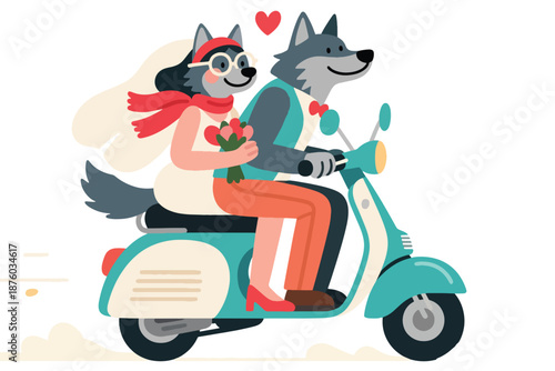 Two anthropomorphic wolves riding teal scooter with bouquet and floating hearts on soft cloud background.