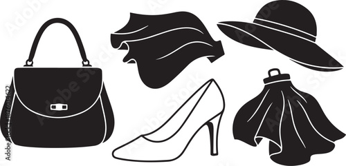 Fashion accessories set including handbag, hat, and high heel shoe