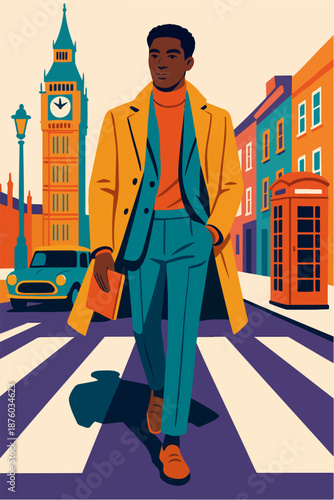 Illustration of a business man walking through the city carrying a briefcase representing professional urban life