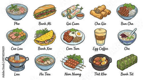 Assorted Vietnamese Dishes and Drinks Illustrated on a Clean White Background