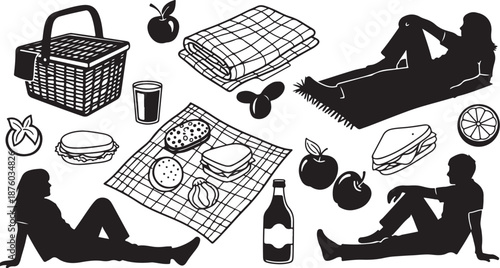 Black Silhouette Picnic Scene with Food and Drinks Outdoors