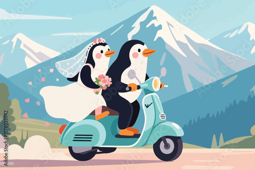 Two wedding penguins riding blue scooter in snowy mountain landscape with bouquet and romantic hearts.