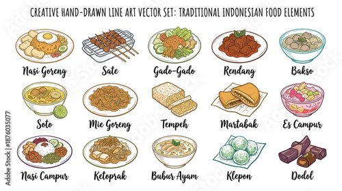 Assorted traditional Indonesian cuisine elements, including dishes and ingredients, presented in a hand-drawn line art style, showcasing the country's rich food culture from various viewpoints.