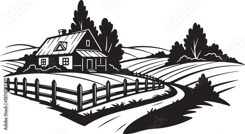 Black and white illustration of a rural house landscape scene