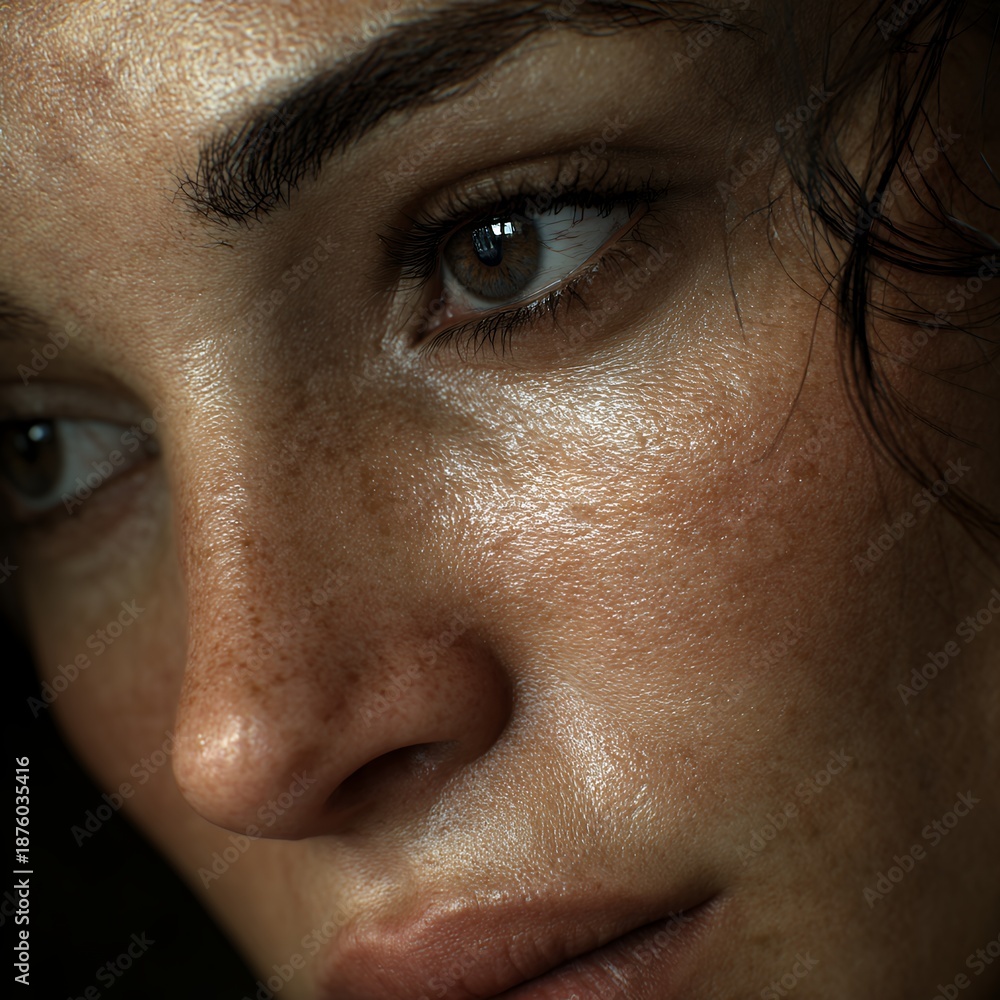 Naklejka premium Pensive young woman's natural beauty, close-up with dramatic lighting and freckles