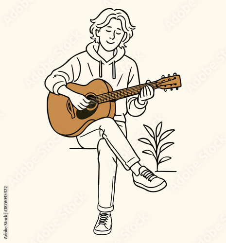 Clean line art illustration of a musician playing acoustic guitar ideal for music education posters and minimal design projects