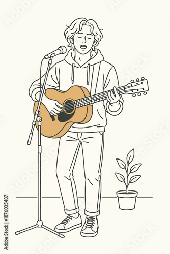 Minimal line art illustration of a street musician playing guitar suitable for music posters creative branding and editorial use
