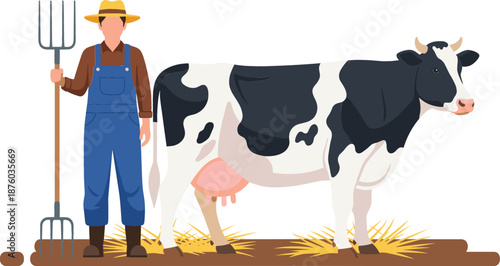 Flat vector illustration of a male dairy farmer in overalls holding a pitchfork standing next to a black and white spotted milk cow on a farm