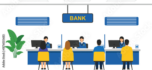 Flat vector illustration of a modern bank office interior with tellers serving customers at desks under a blue signpost for finance and banking concept