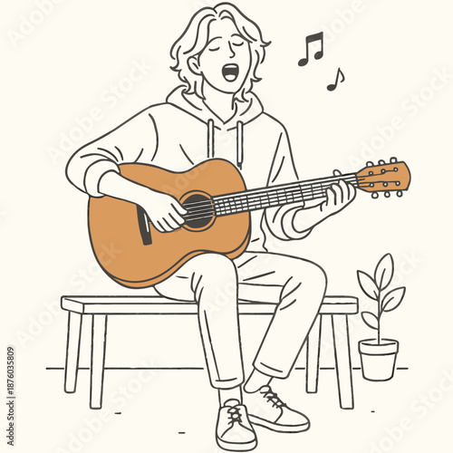 Clean line art illustration of a singer playing guitar while sitting ideal for music lessons posters and minimal artwork