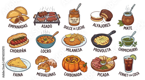 Variety of traditional Argentine cuisine dishes and desserts illustrated in a vibrant cultural setting
