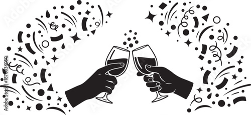 Hands clinking wine glasses in celebration with confetti around