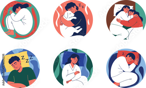 Vector set of diverse people sleeping in various comfortable positions including a person hugging a dog and a couple cuddling for rest and wellness concept