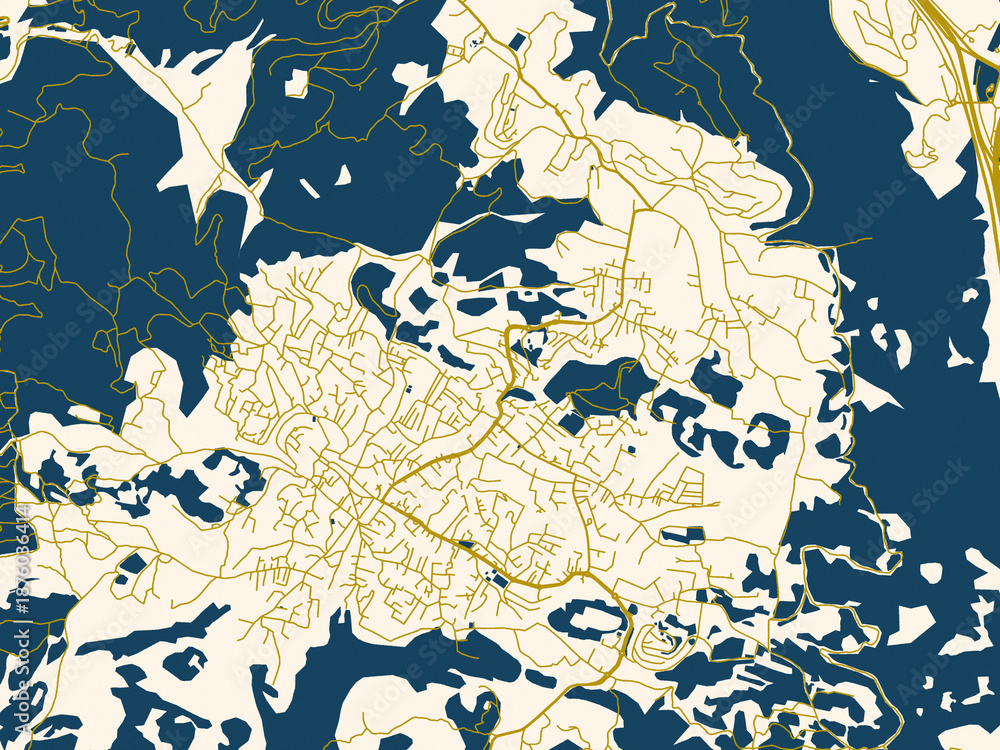 Naklejka premium Minimalist map of Daliyat al Karmel, Israel, dark red water and warm gold roads