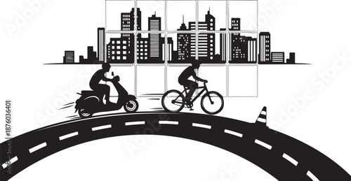 City Commuters Riding Bicycle and Motor Scooter Silhouette Illustration