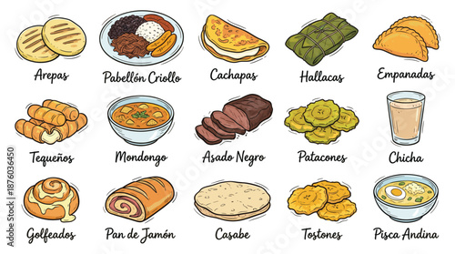 Assorted traditional dishes and drinks displayed on a clean white background