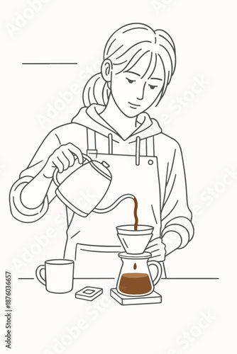 Minimal line art illustration of a person making coffee in a kitchen environment suitable for lifestyle blogs and editorial content