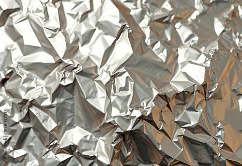 Close-up of crumpled silver foil, showing wrinkles and highlights, pattern, surface