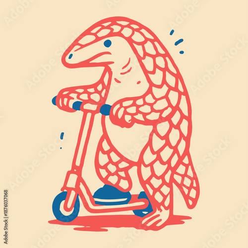 Fun cartoon illustration of a cute pangolin riding a scooter ideal for playful designs stickers and character branding