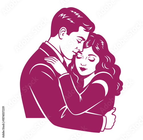 man in suit embracing and hugging a woman with long wavy hair