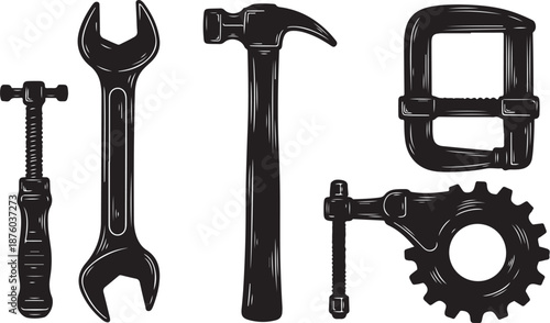 Collection of various black tools on white background illustration