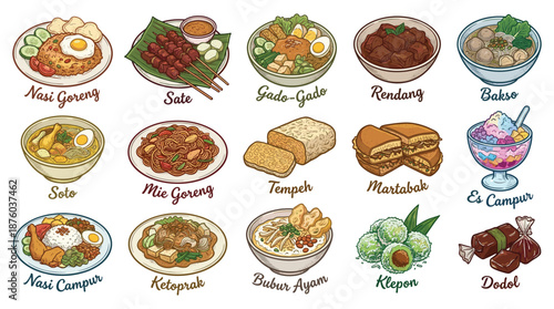 A collection of various international dishes beautifully presented on plates and in bowls, showcasing diverse culinary delights from around the world, illustrations.