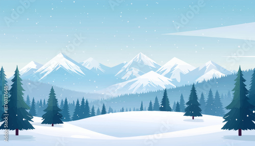 A serene and tranquil winter landscape illustration showcasing majestic snow-capped mountains in the distance
