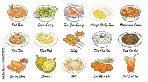 Assorted Thai dishes including curries and noodle plates beautifully arranged on a table
