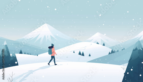 A person with a backpack walks through a snowy landscape with mountains and trees under a winter sky