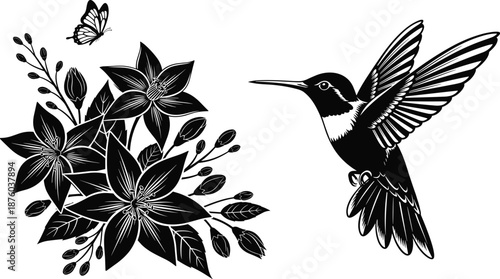 Hummingbird silhouette flying near floral bouquet with butterfly, black vector illustration isolated on white background for nature, botanical art, wildlife, elegant decorative design