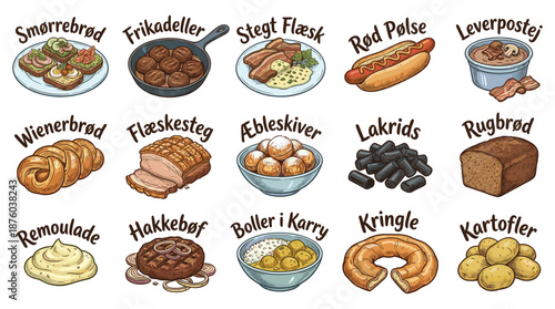 An assortment of traditional Danish pastries and breads displayed on a clean white background, showcasing various sweet and savory treats