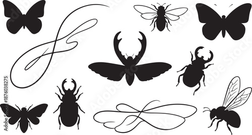 Insect silhouettes with elegant line art on white background