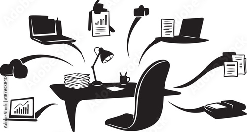 Business office workspace with multiple devices and paperwork chaos