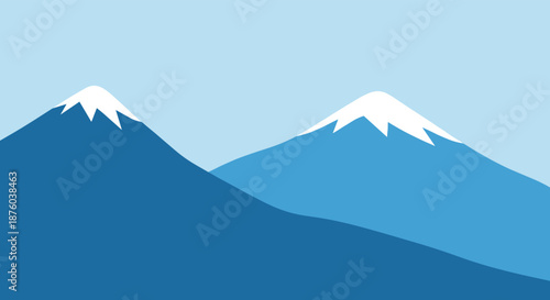 Minimalist flat design illustration of two blue mountain peaks with snow-capped tops against a light blue sky for a simple background.