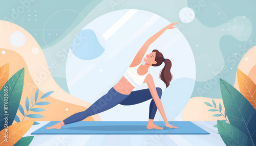 Calm vector illustration of a young woman finding balance and practicing yoga on a mat, embracing mindfulness and a healthy lifestyle in a serene natural environment