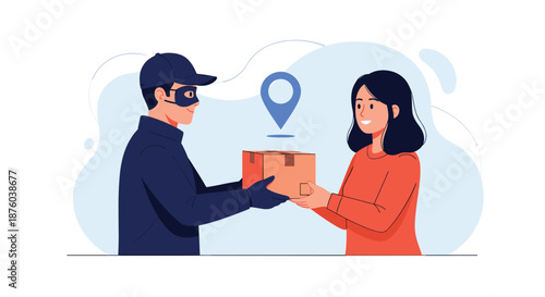 Delivery man in a uniform and mask handing a cardboard box package to a happy female customer at her location.