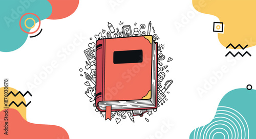 Creative illustration of a closed red book surrounded by hand-drawn doodles of writing and art supplies on an abstract background.