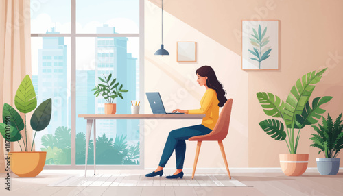 A woman works on her laptop in a bright, plant-filled room with a city view, creating a cozy and productive atmosphere