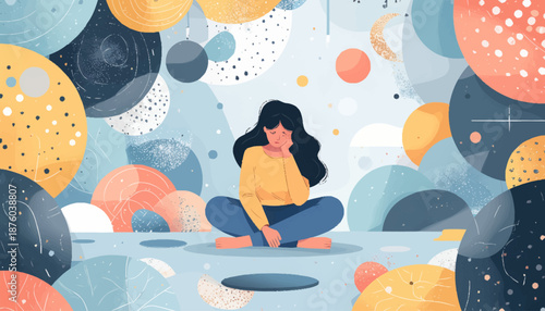 Serene Abstract Meditative Moment A Person Sitting Calmly Amidst Colorful Floating Spheres