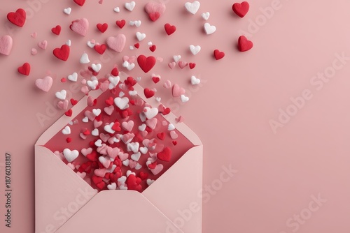Numerous small confectionery hearts spill out from an open pale pink correspondence envelope against a solid light background