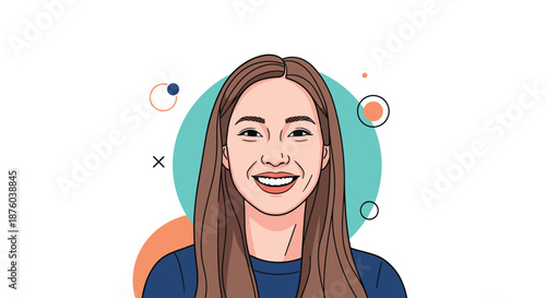 Happy and smiling young woman with long brown hair, featured in a colorful, modern avatar or portrait illustration with abstract shapes.