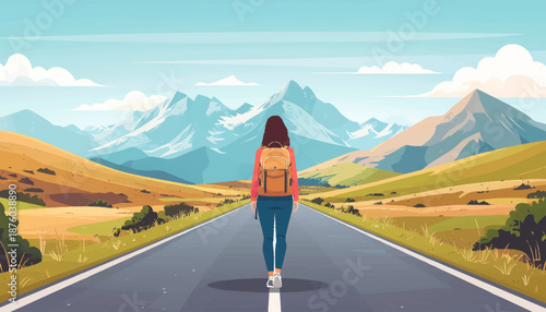 A lone traveler with a backpack walks confidently down an endless open road towards majestic distant mountains, 