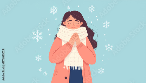 Embracing winter's serene beauty A contemplative young woman finds peace and warmth amidst a gentle snowfall, capturing the quiet magic of the season
