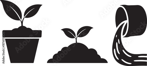 Plant Growth Stages with Watering Can Silhouette Illustration Set